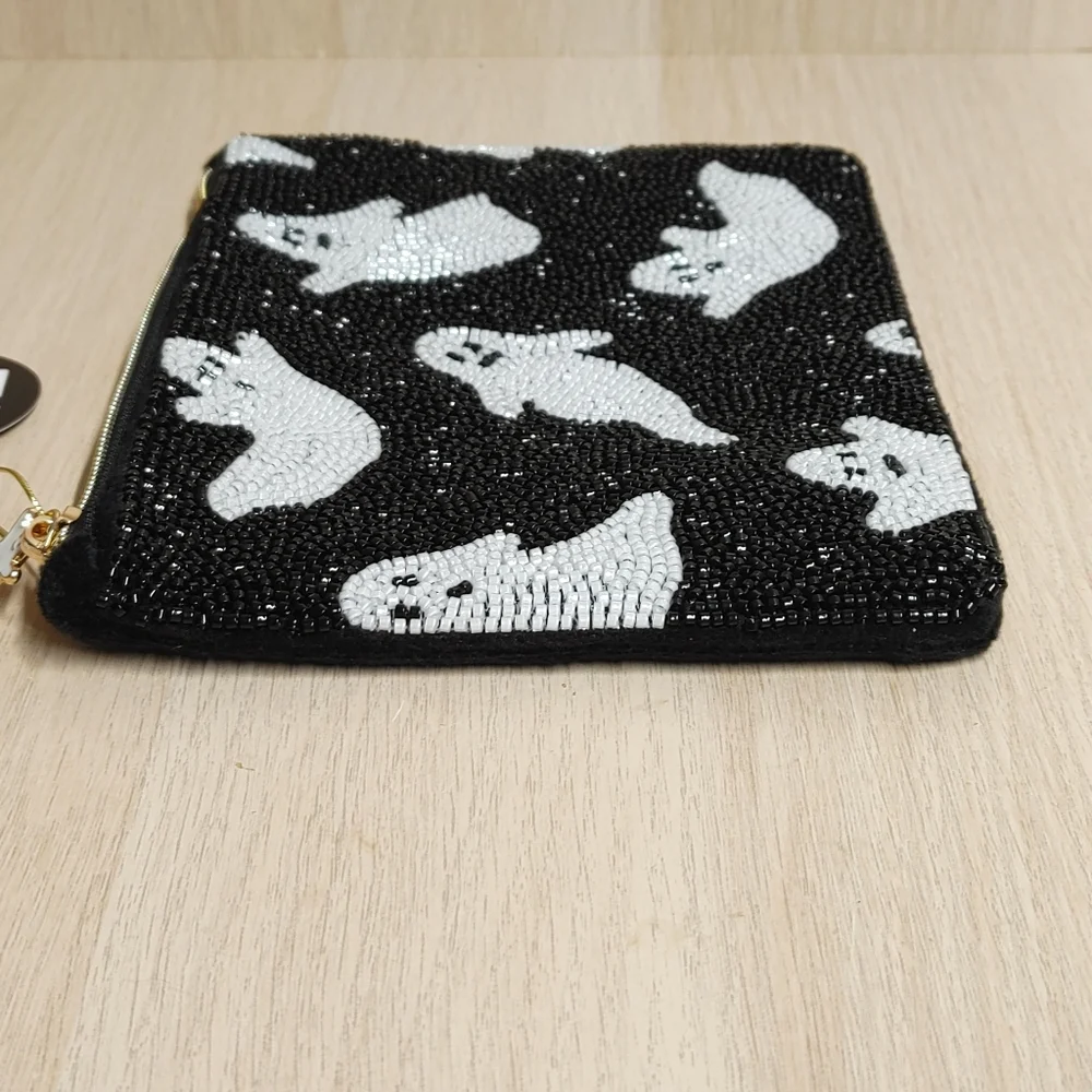 Beaded Ghosts Halloween Pouch Clutch Black 6
